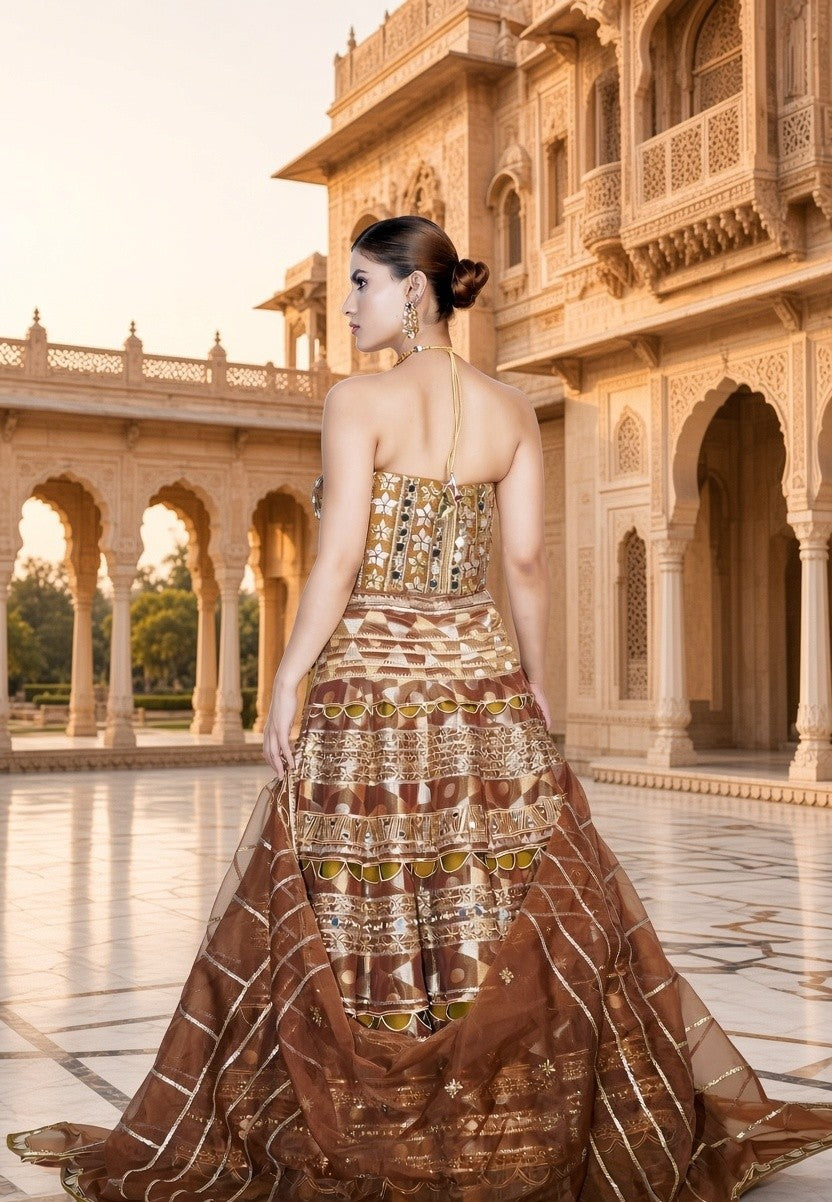 Double Layer Brocade Cutwork Lehenga Corset Dupatta