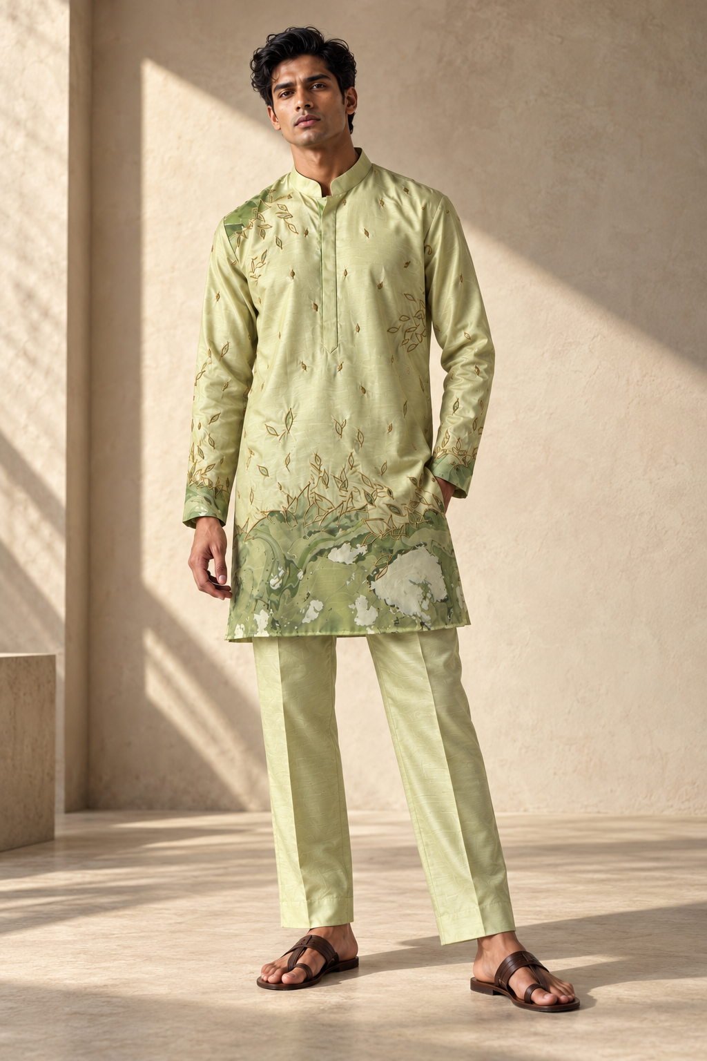 Pistachio Leaf & Marble Silk Kurta Set