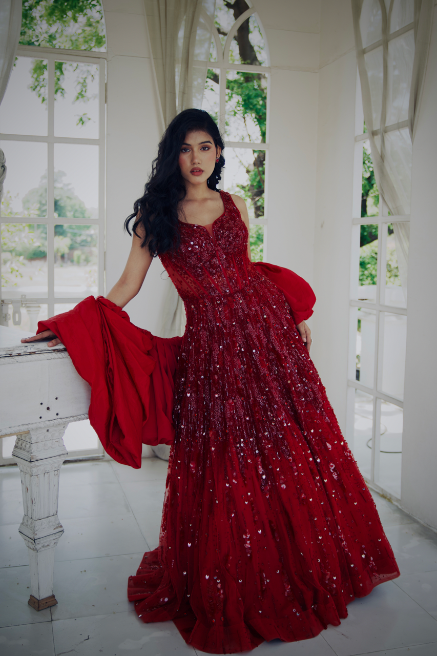 Arunodaya Red Embroidered Gown set with Cape