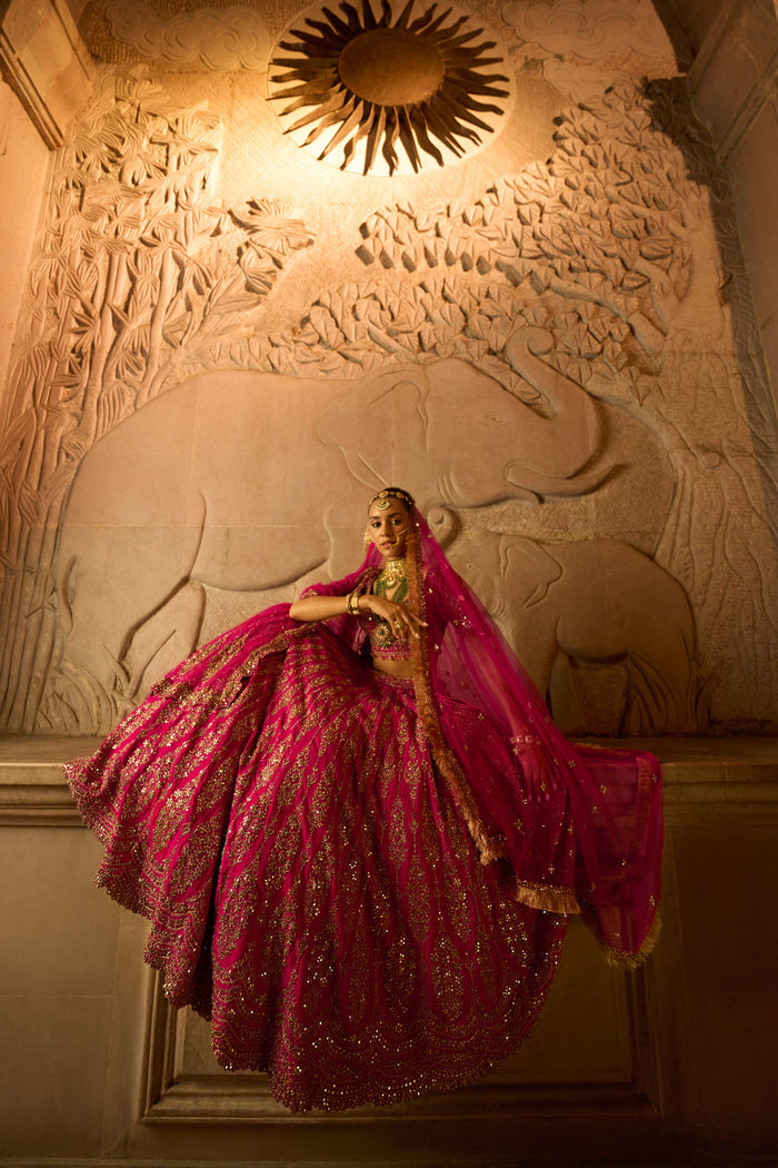 Fuchsia Red Raw Silk Bridal Lehenga Choli with a Tulle Dupatta and an Optional Second Tulle Dupatta