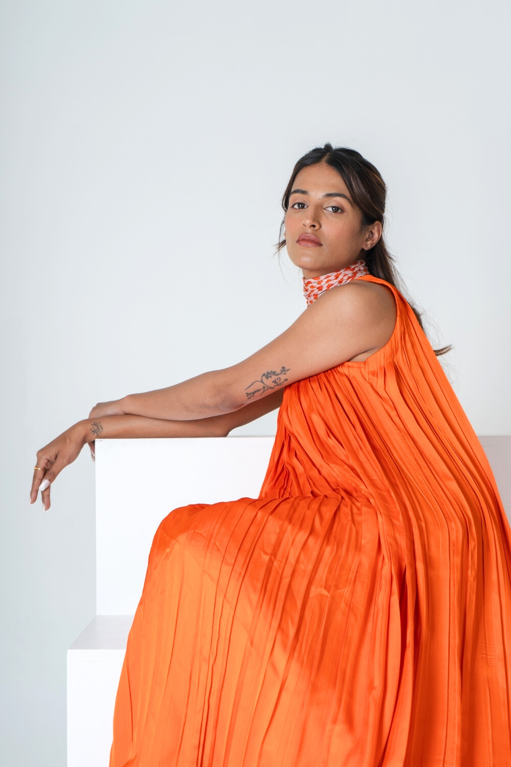 Orange-Pink Braided Halter Neck Gather Gown