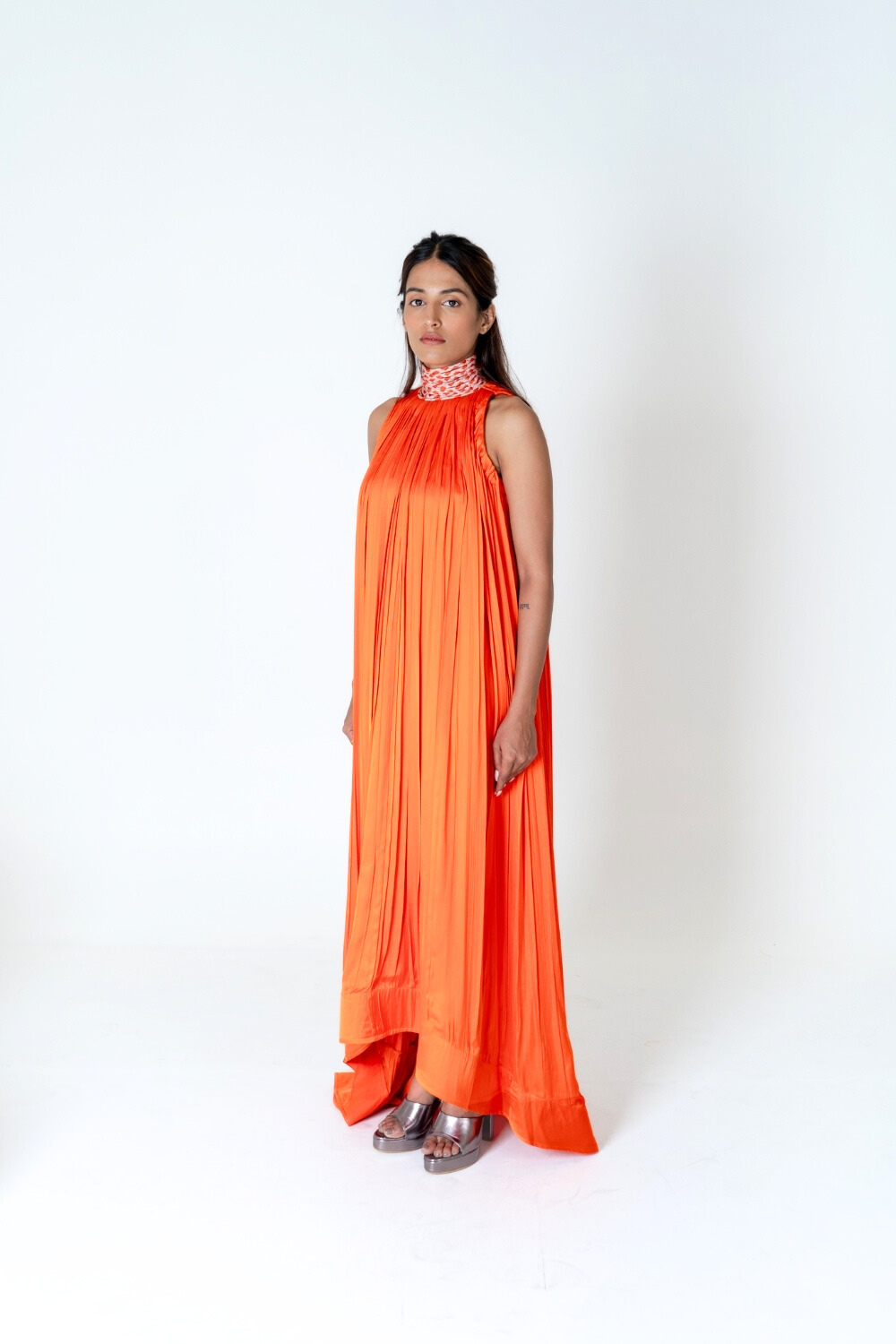 Orange-Pink Braided Halter Neck Gather Gown