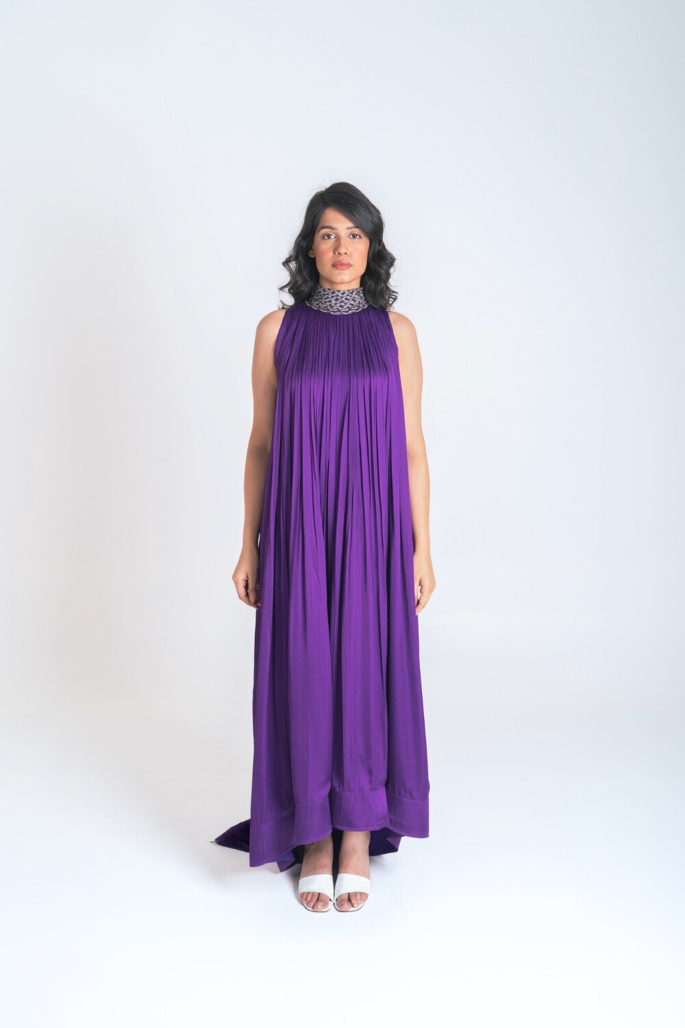 Purple-Green Braided Halter Neck Gather Gown