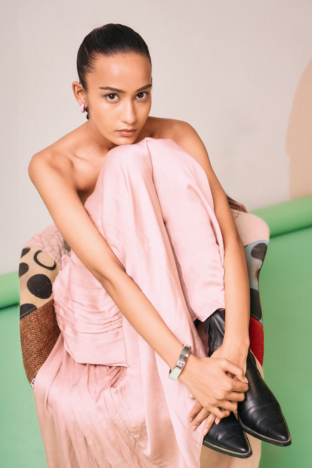 Pink-Green Drape Gown