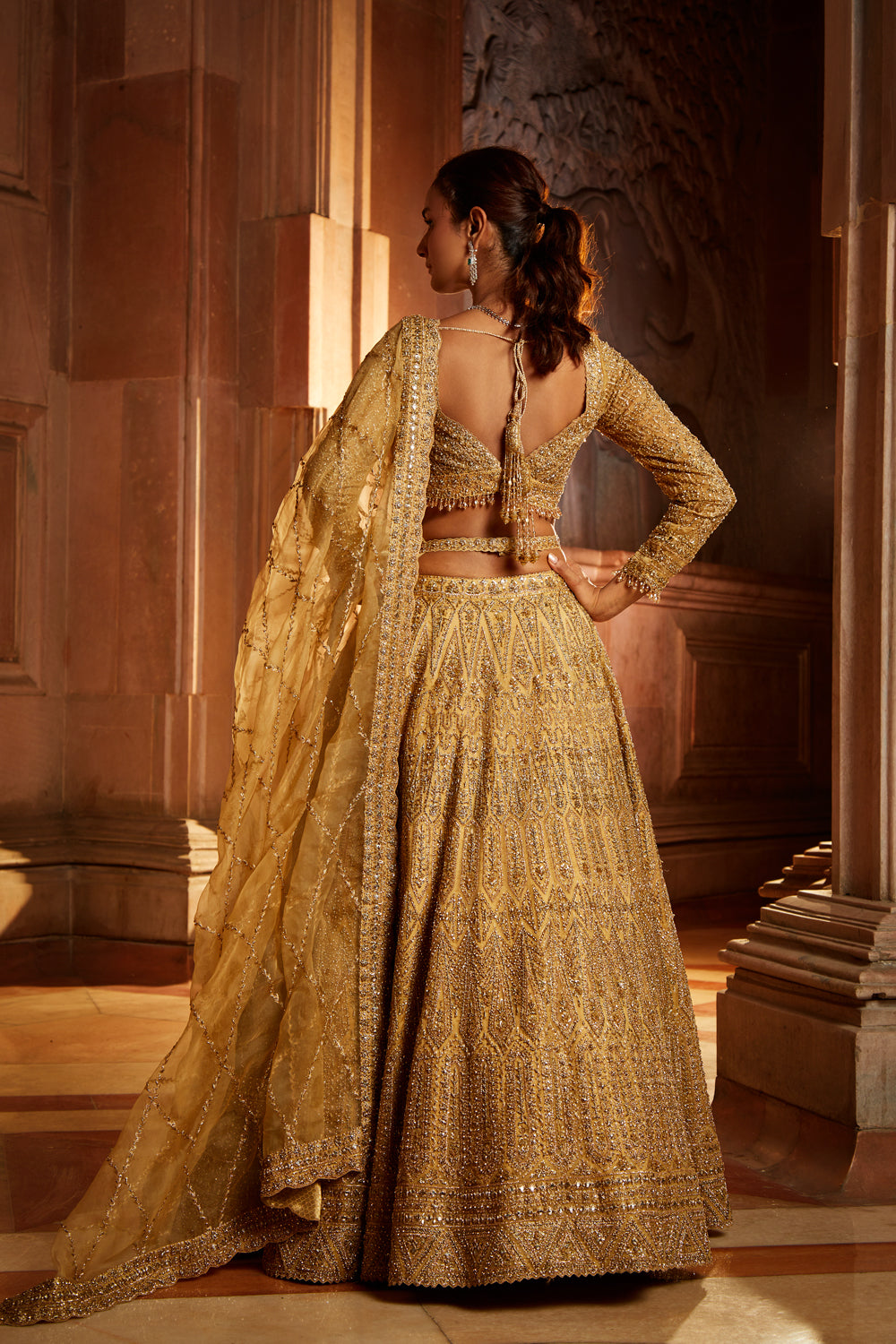 Gold Organza Lehenga Choli Dupatta with Worked Belt