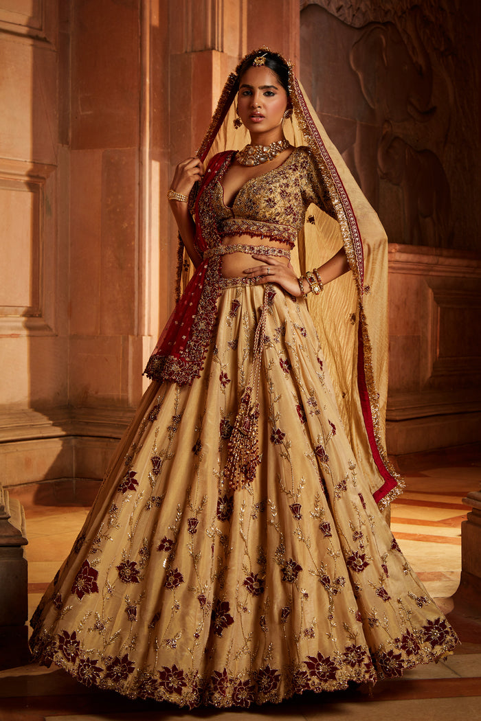 Gold Tissue Lehenga Choli and Belt with contrasting Red Tulle Dupatta and Optional Gold Tissue Second Dupatta