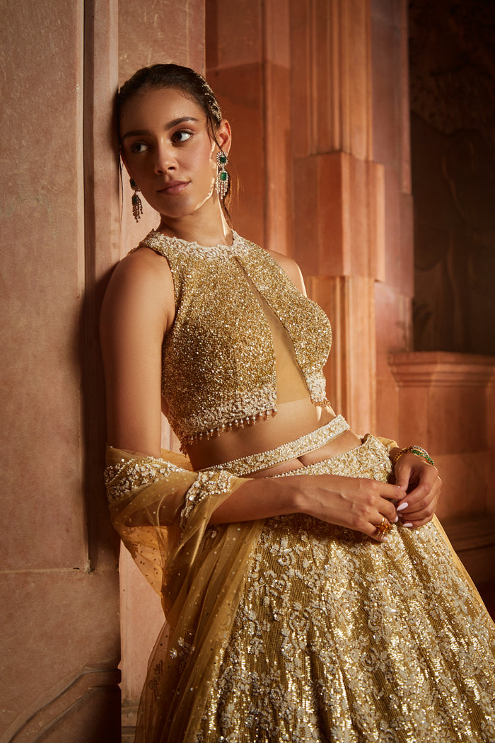 Gold Tulle Lehenga Choli Dupatta Set with Worked Belt