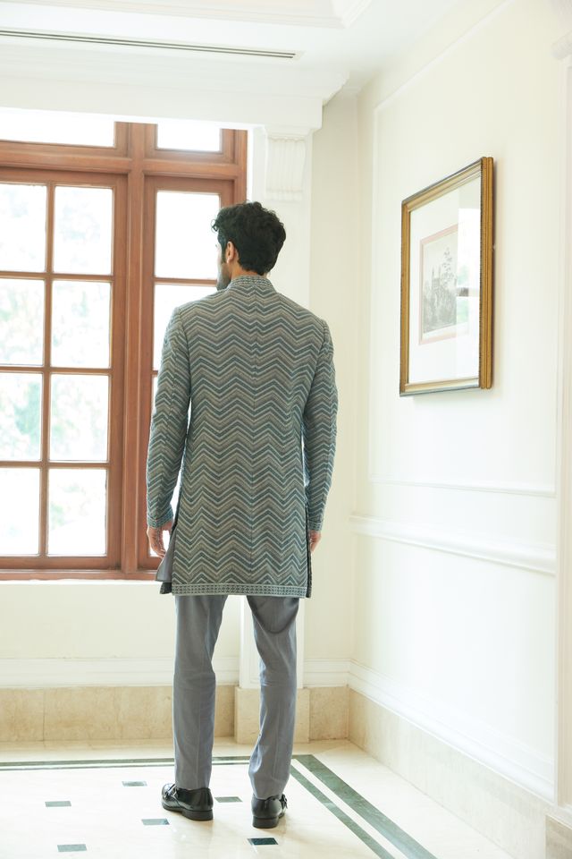 Pewter Grey Matka Embroidered Short Sherwani with Kurta and Trouser