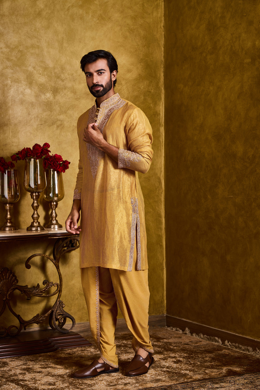 Mustard Tissue Chanderi Kurta Dhoti Set