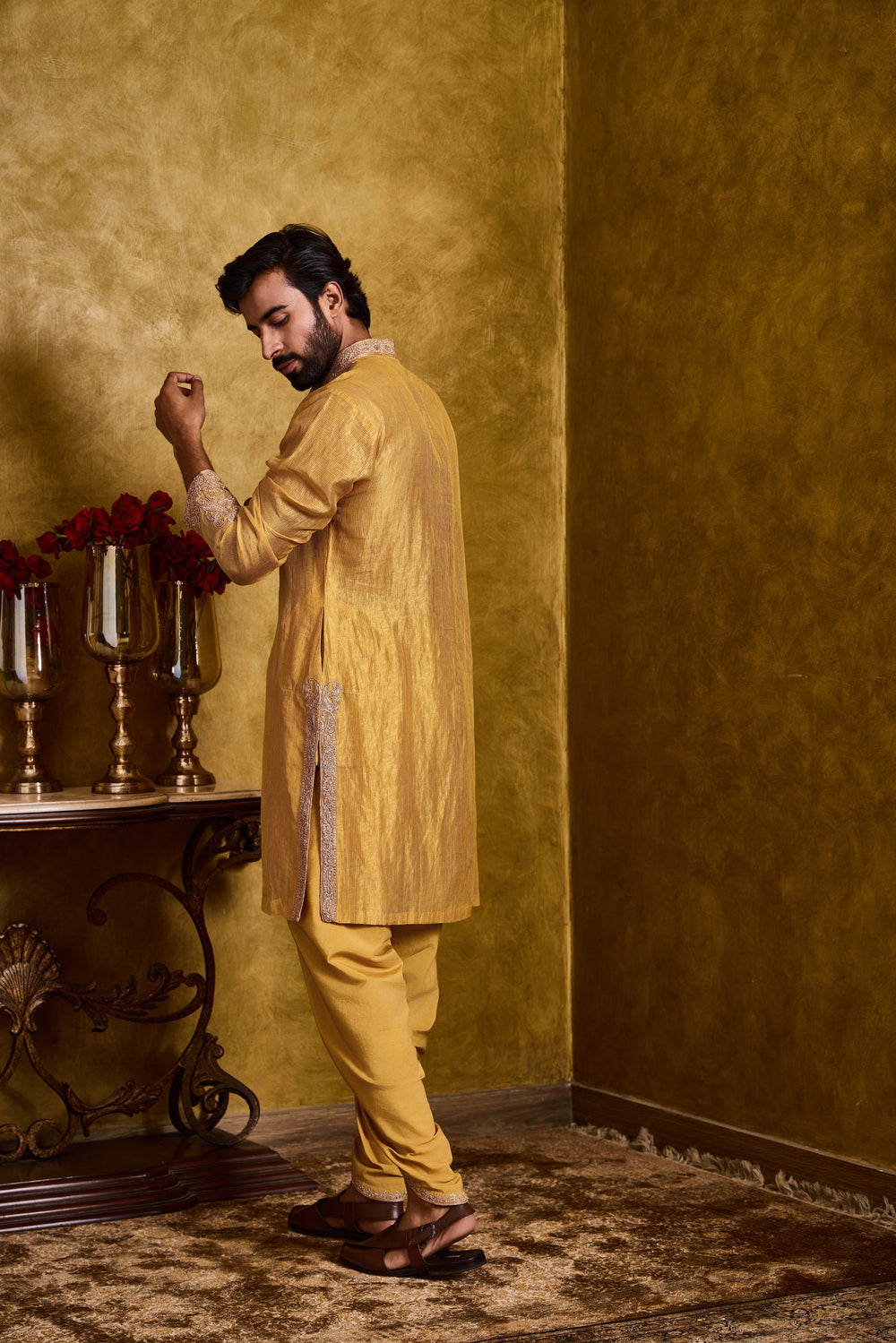 Mustard Tissue Chanderi Kurta Dhoti Set