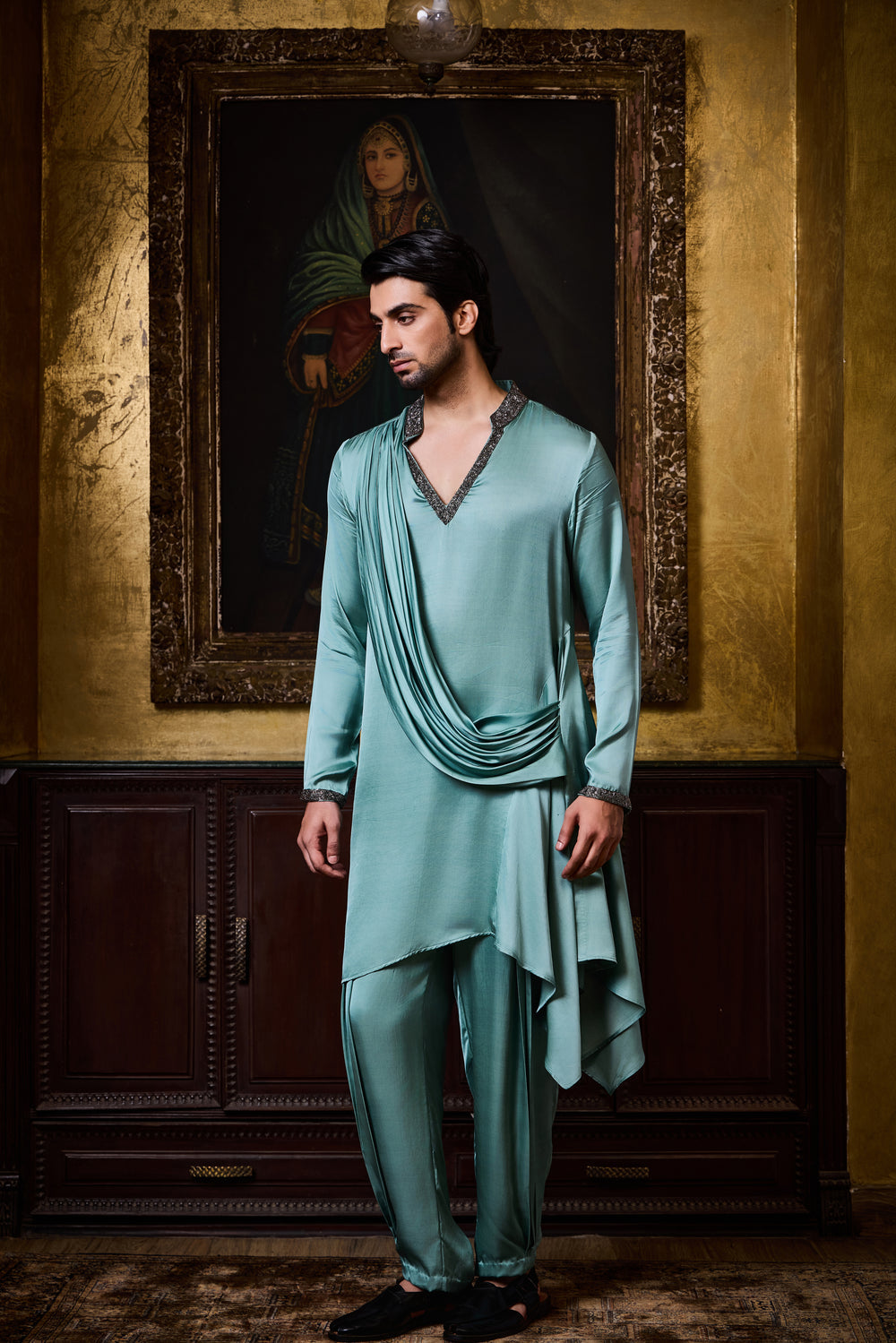 Sea Green Satin Draped Kurta Cowled Salwar Set
