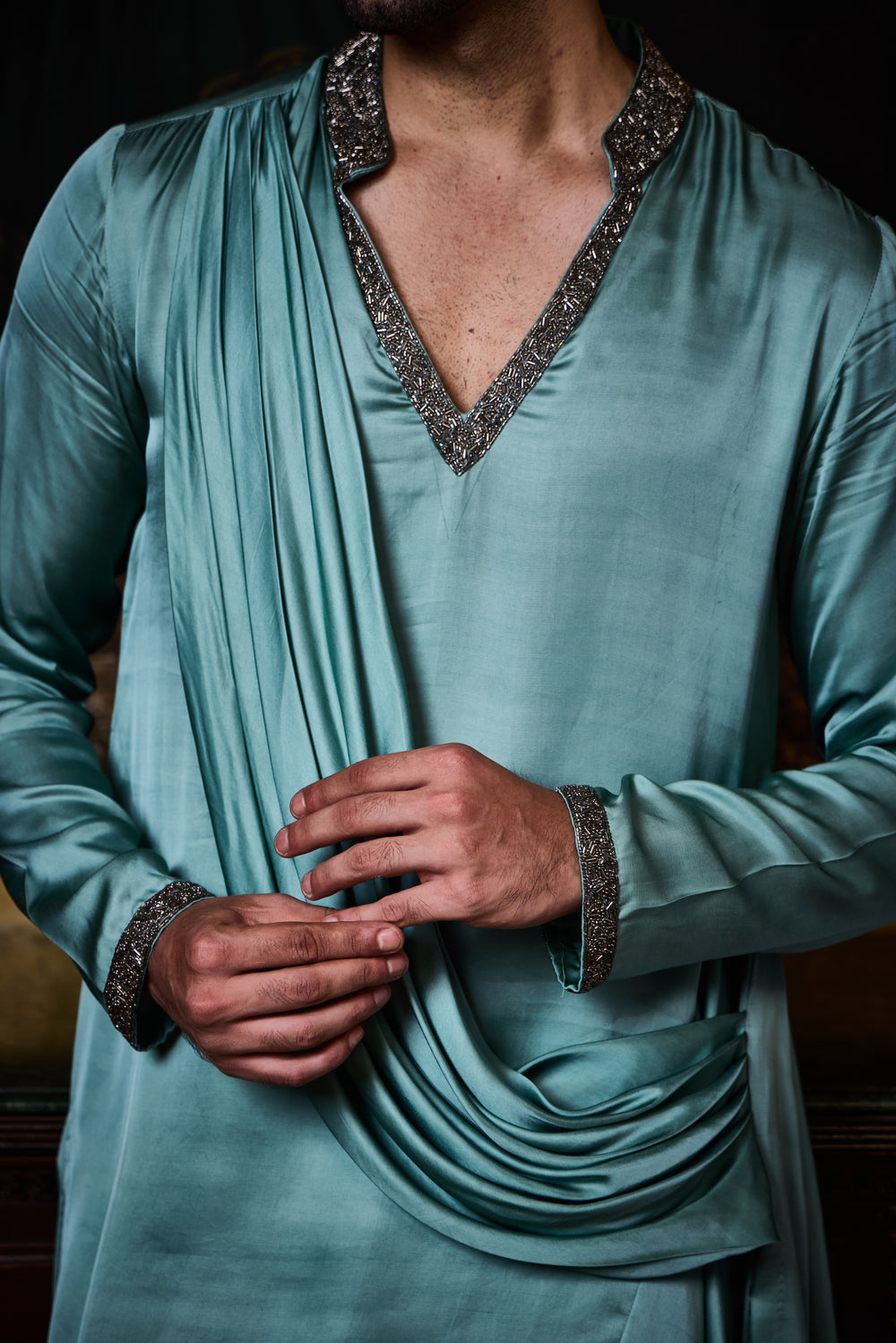 Sea Green Satin Draped Kurta Cowled Salwar Set