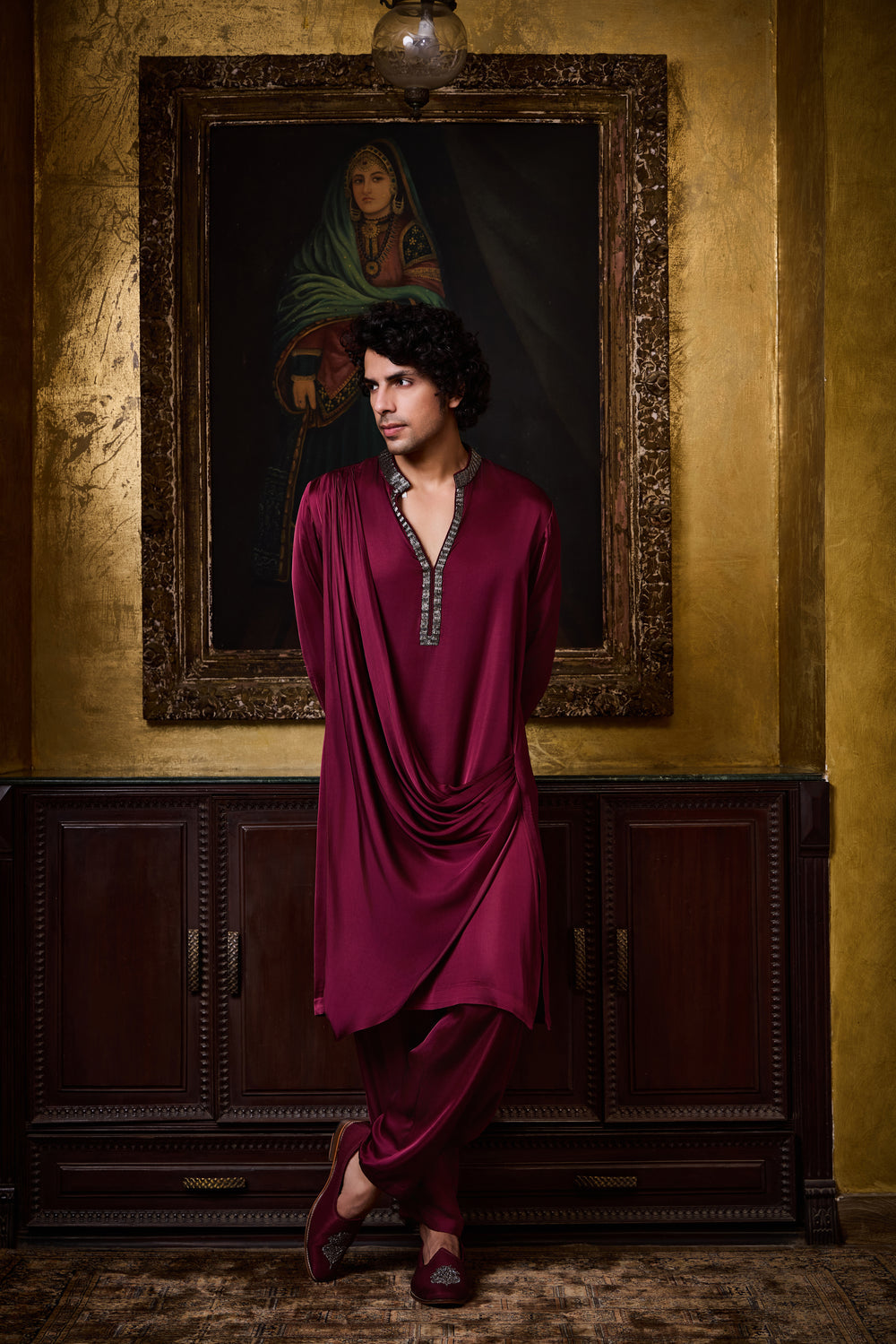 Burgundy Draped Satin Kurta Cowled Salwar Set