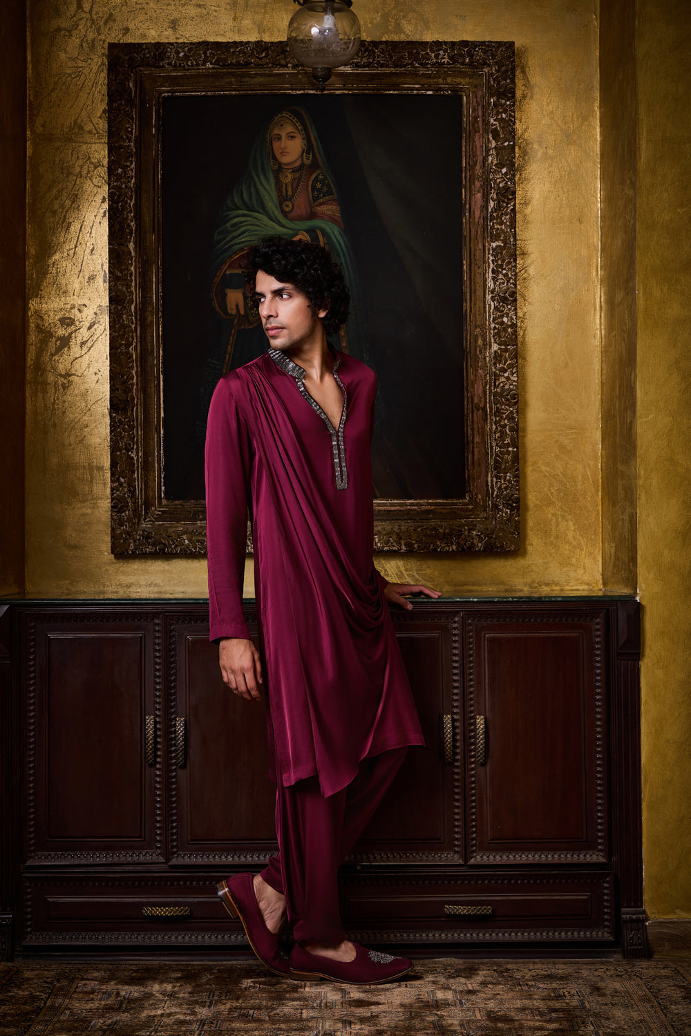 Burgundy Draped Satin Kurta Cowled Salwar Set