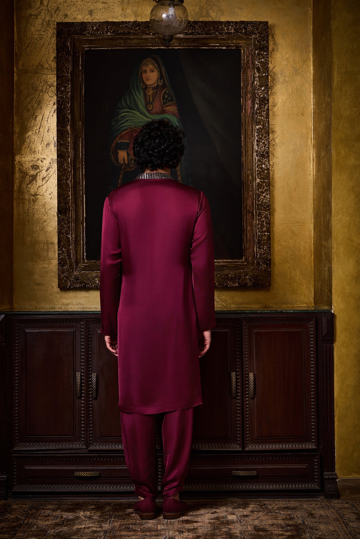 Burgundy Draped Satin Kurta Cowled Salwar Set