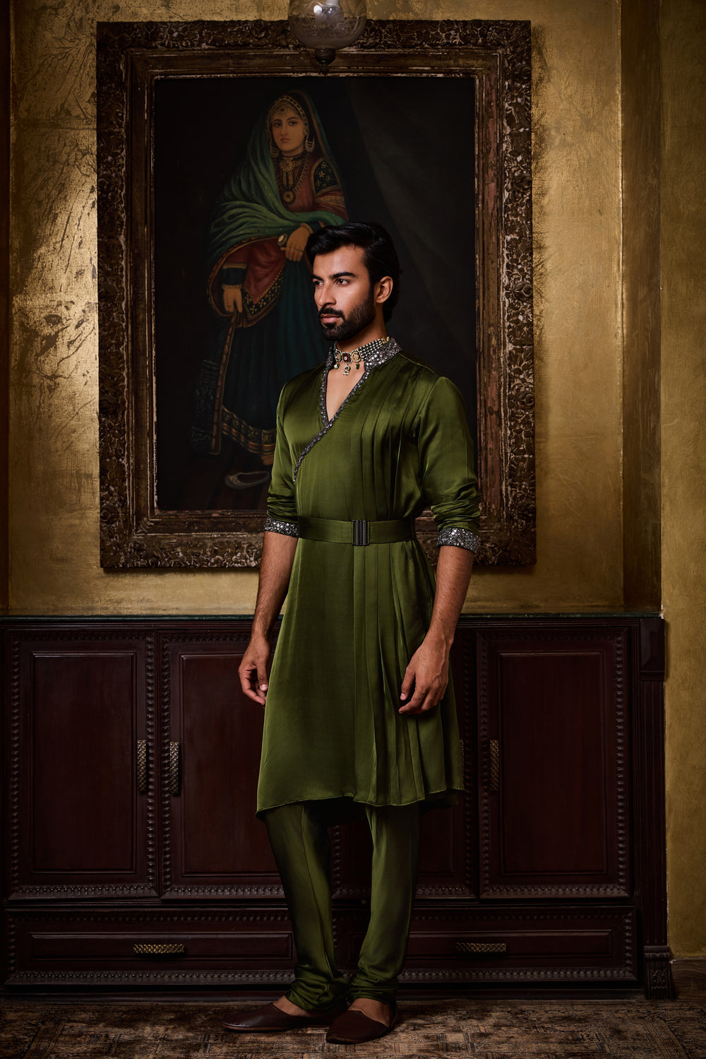 Olive Green Draped Kurta Churidar Set