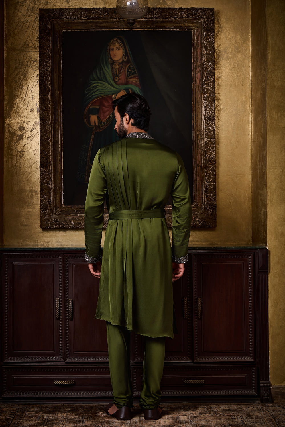 Olive Green Draped Kurta Churidar Set