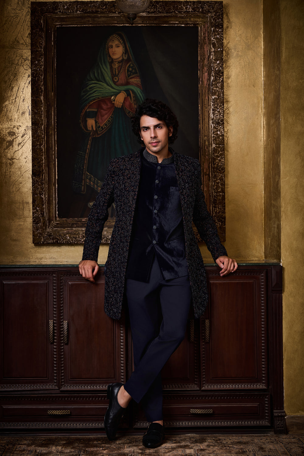 Blue Velvet Open Jacket With Vest Set