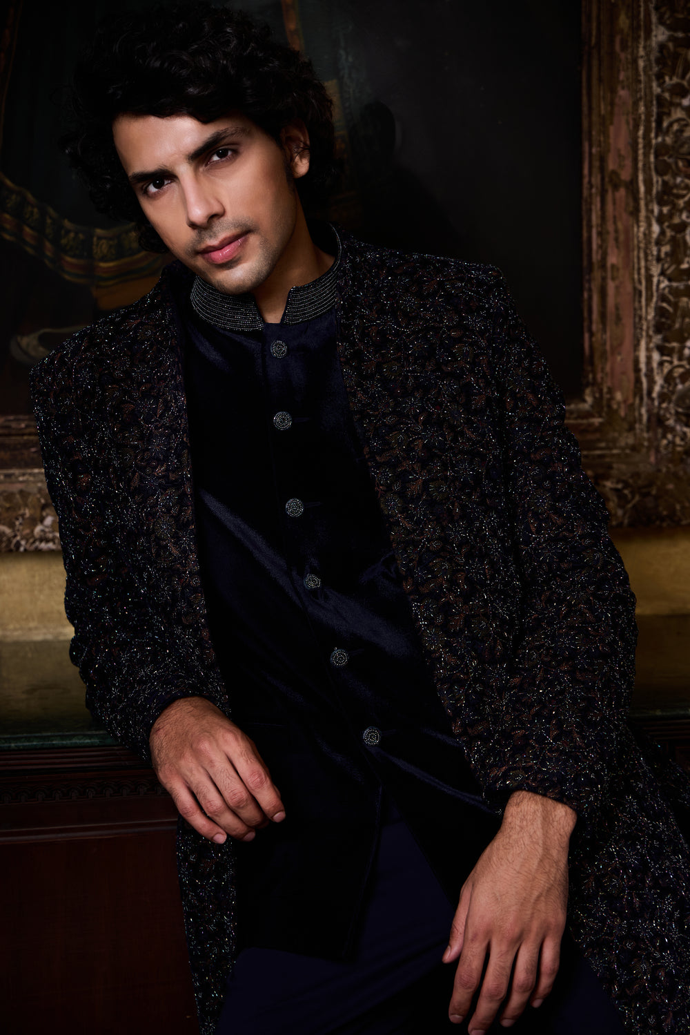 Blue Velvet Open Jacket With Vest Set