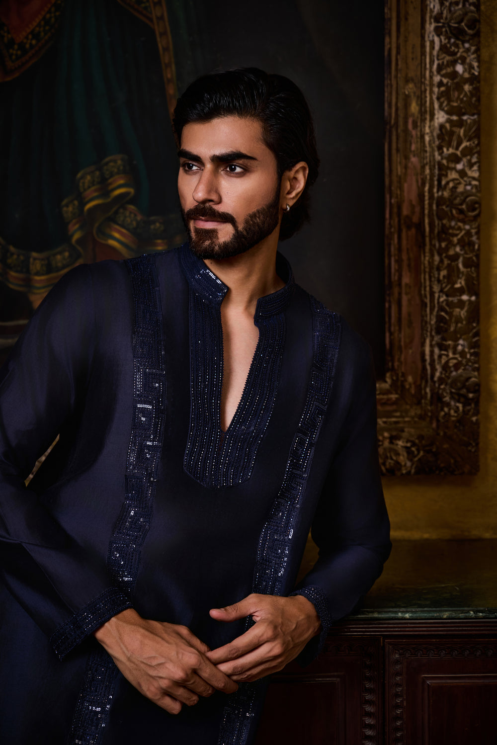 Navy Chanderi Kurta Churidar Set
