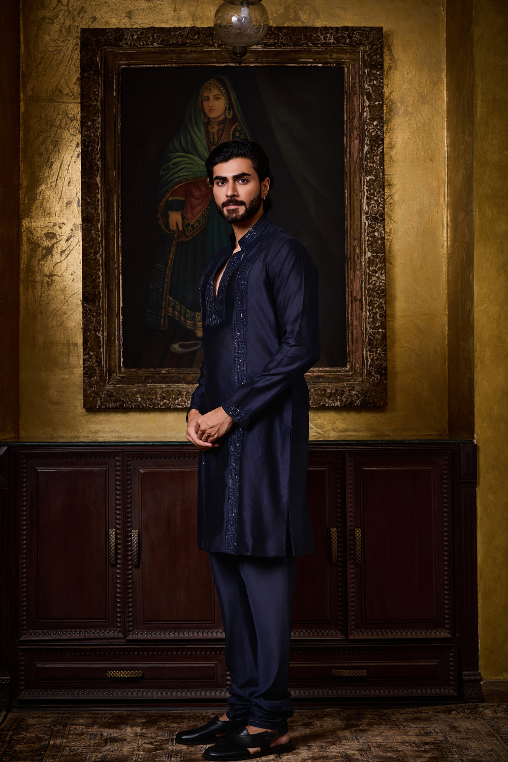 Navy Chanderi Kurta Churidar Set