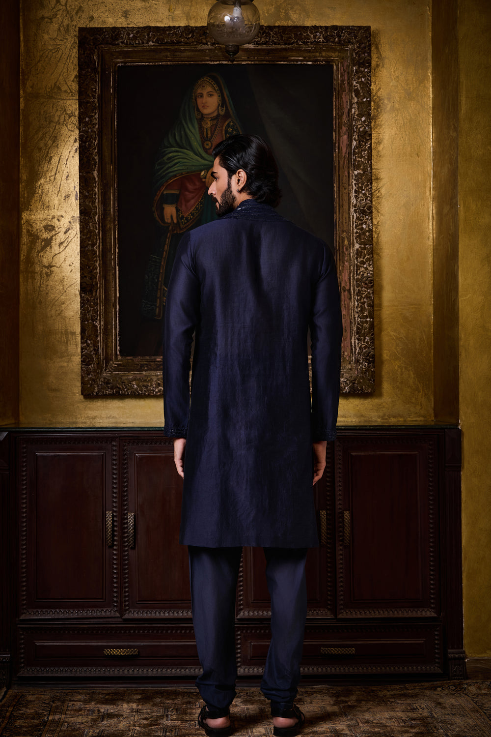 Navy Chanderi Kurta Churidar Set