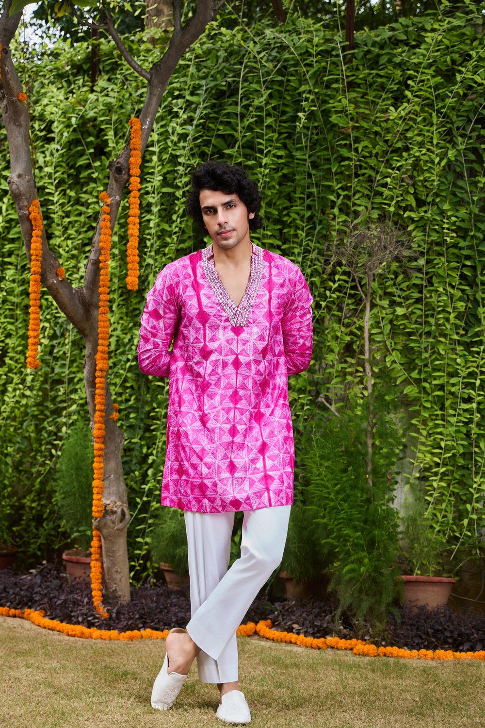 Fuschia Shibori Tie-Dye Embroidery Silk Kurta Trouser Set