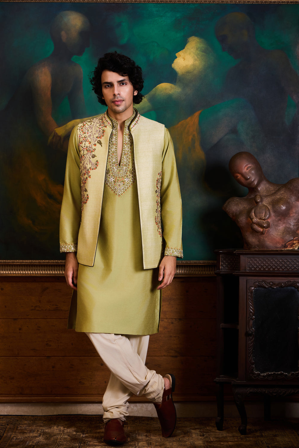 Mint Green Raw Silk Bundi Set
