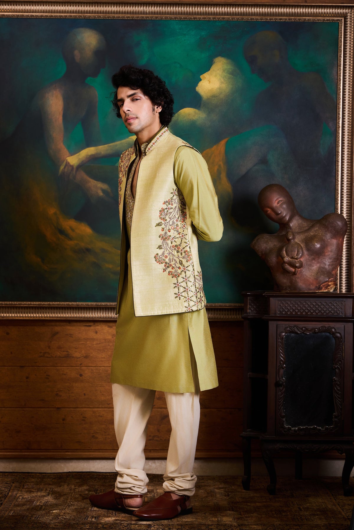 Mint Green Raw Silk Bundi Set