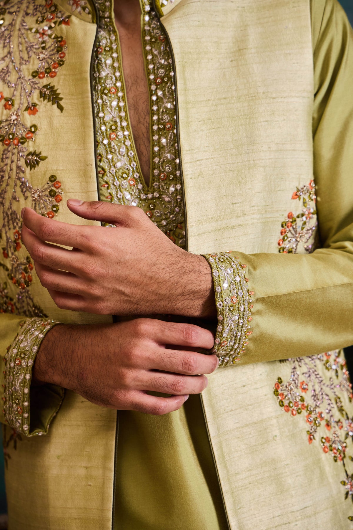 Mint Green Raw Silk Bundi Set