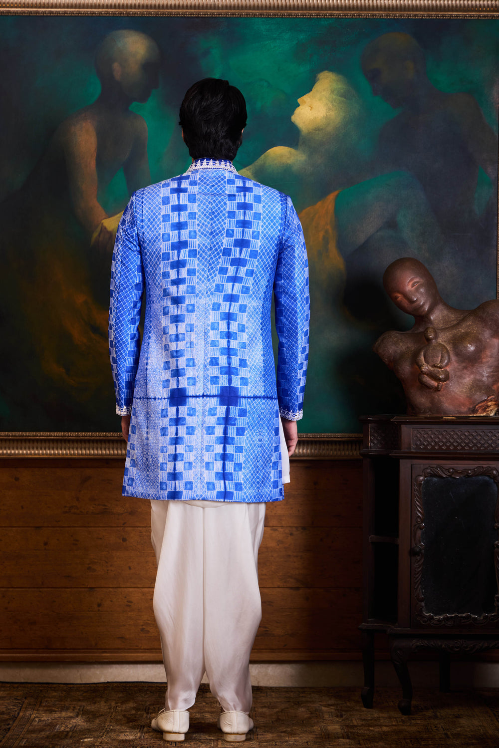 Blue Shibori Short Sherwani Dhoti Set