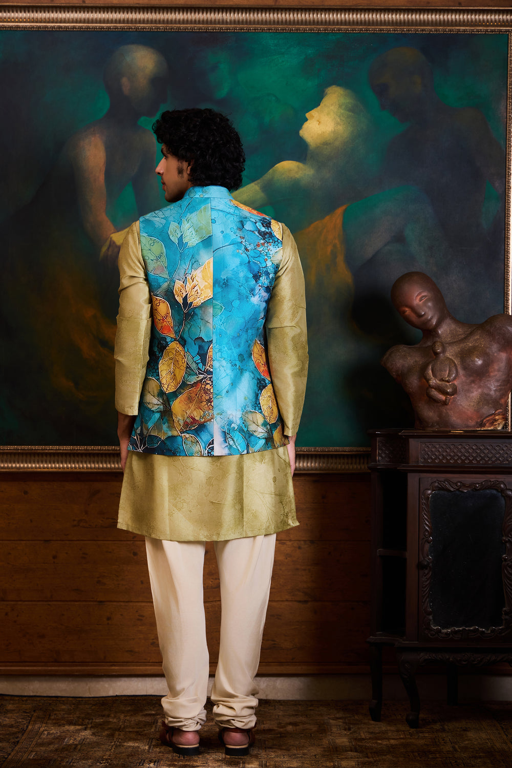 Teal Olive Printed Kurta Bundi Set