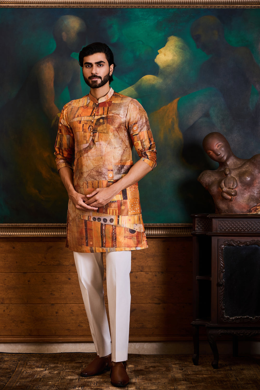 Mustard Printed Kurta Churidar Set