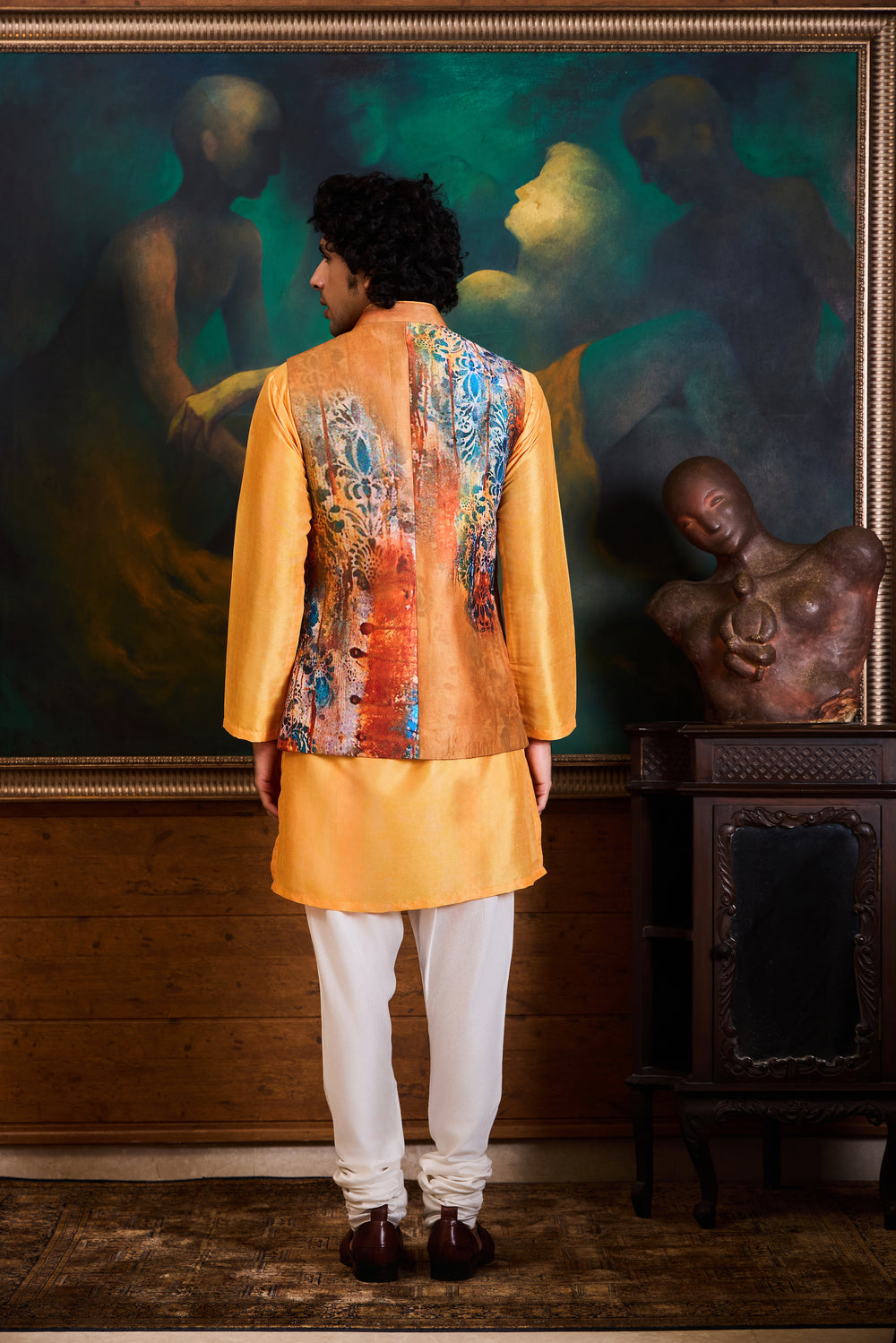 Mustard Yellow Printed Kurta Bundi Set