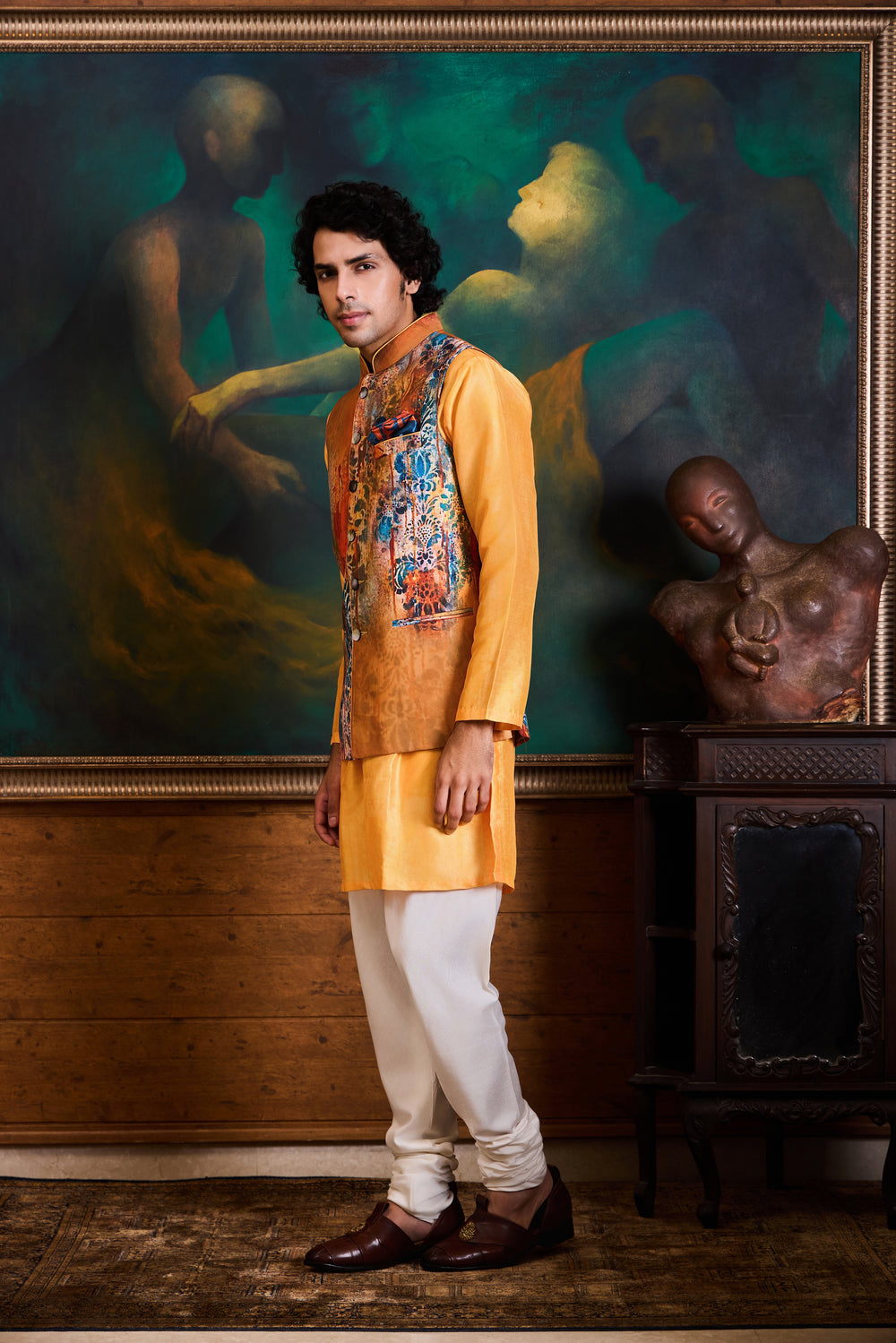 Mustard Yellow Printed Kurta Bundi Set
