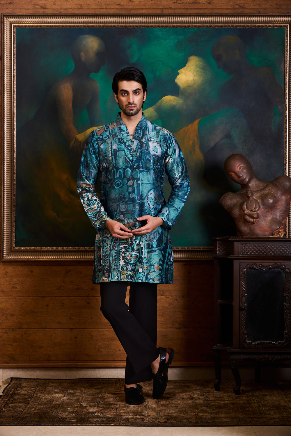 Blue Printed Kurta Trouser Set