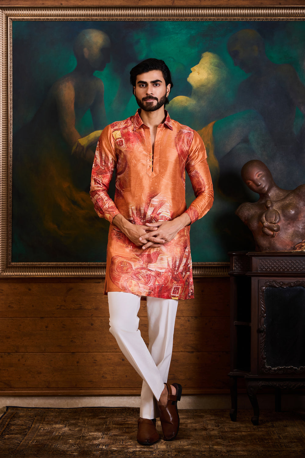 Orange Printed Kurta Pant Set
