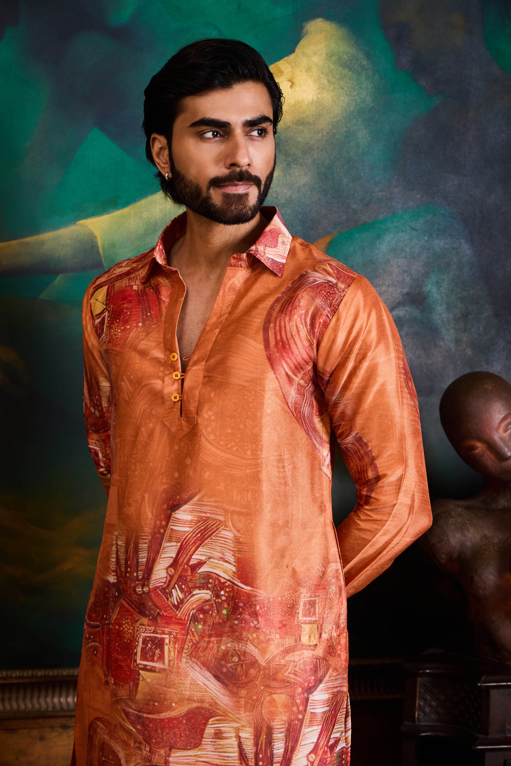 Orange Printed Kurta Pant Set