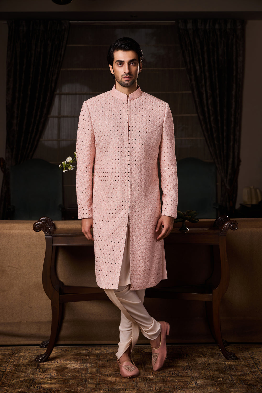 Peach Sherwani Kurta Dhoti Set
