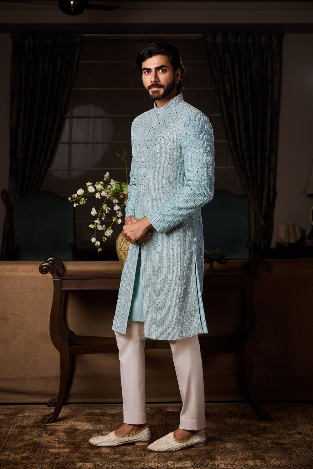 Jade Blue Raw Silk Sherwani Set