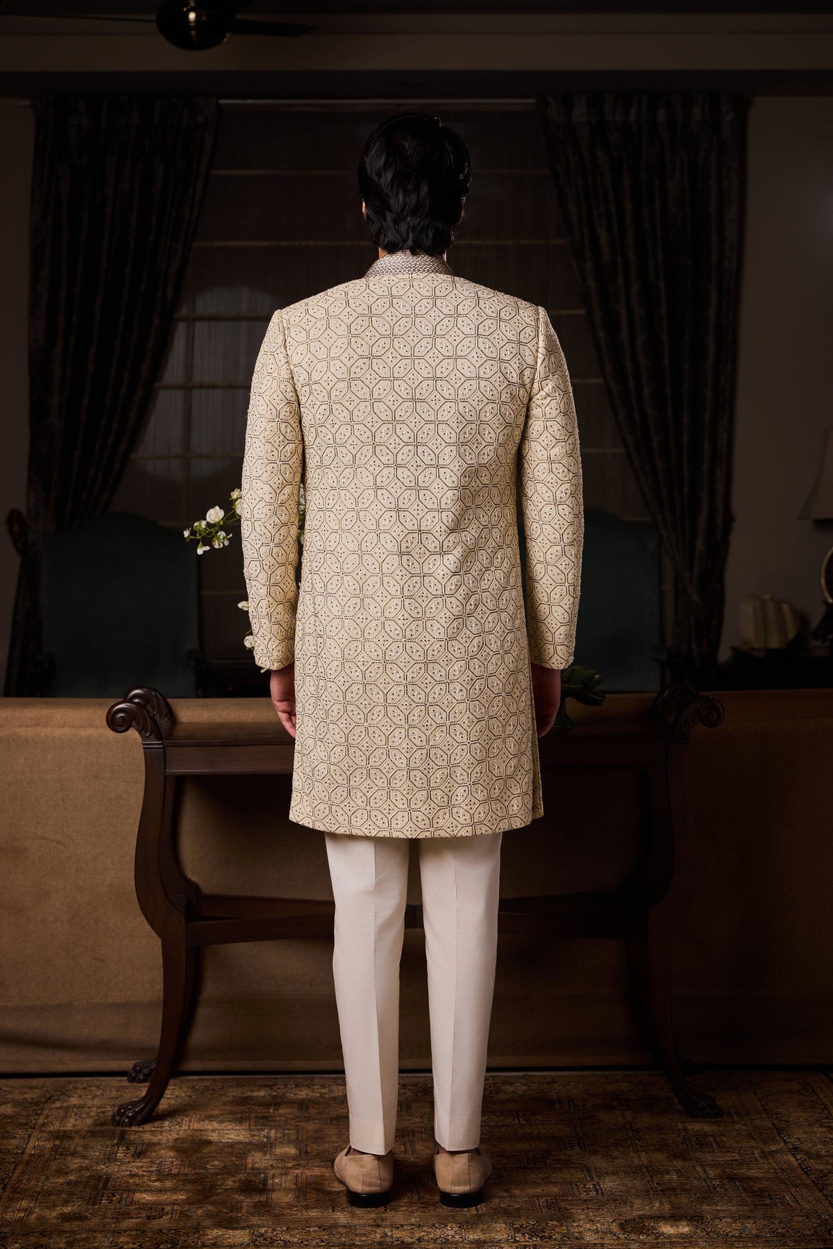 Beige Geometric Embroidery Sherwani Jacket With Salwar Set