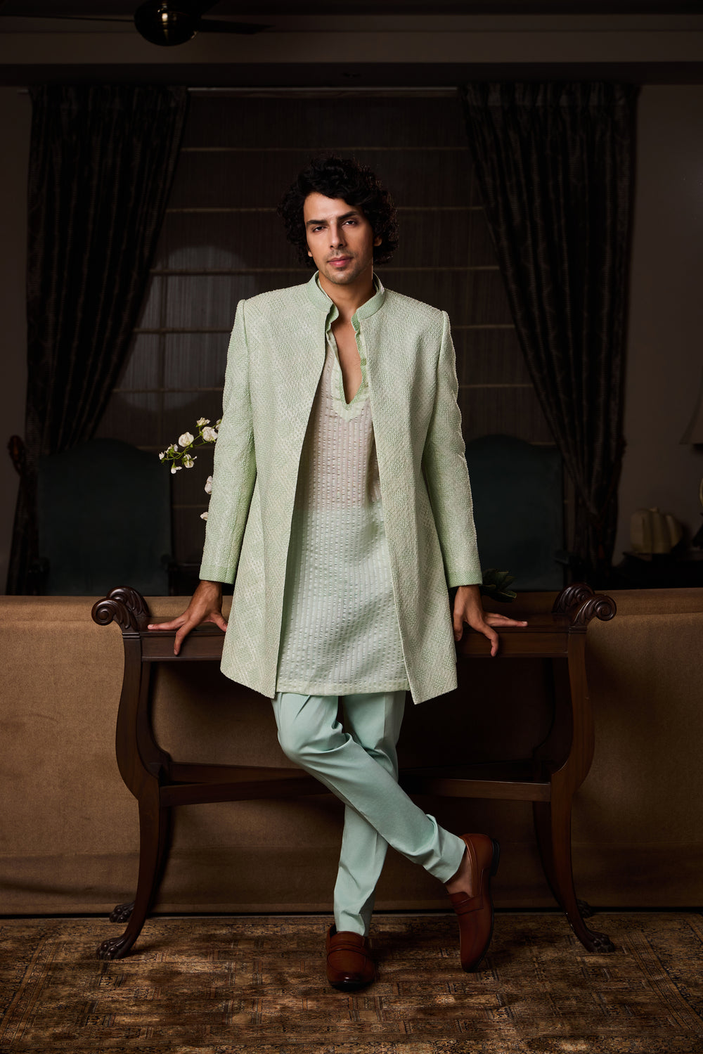 Mint Green Sherwani Jacket Kurta Trouser Set