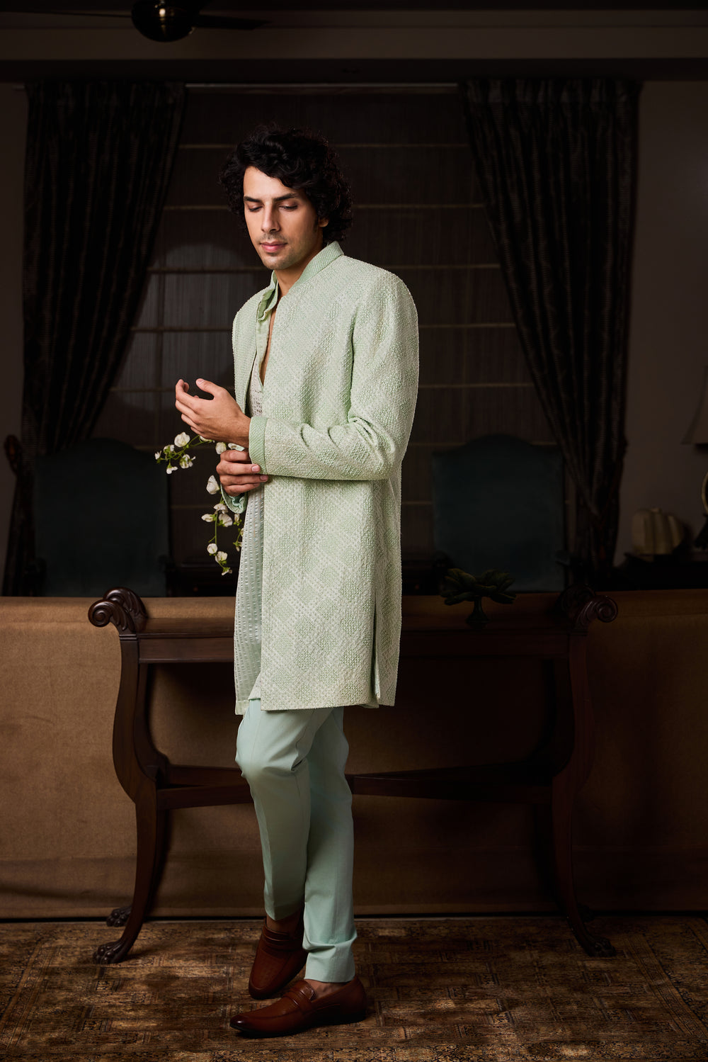 Mint Green Sherwani Jacket Kurta Trouser Set