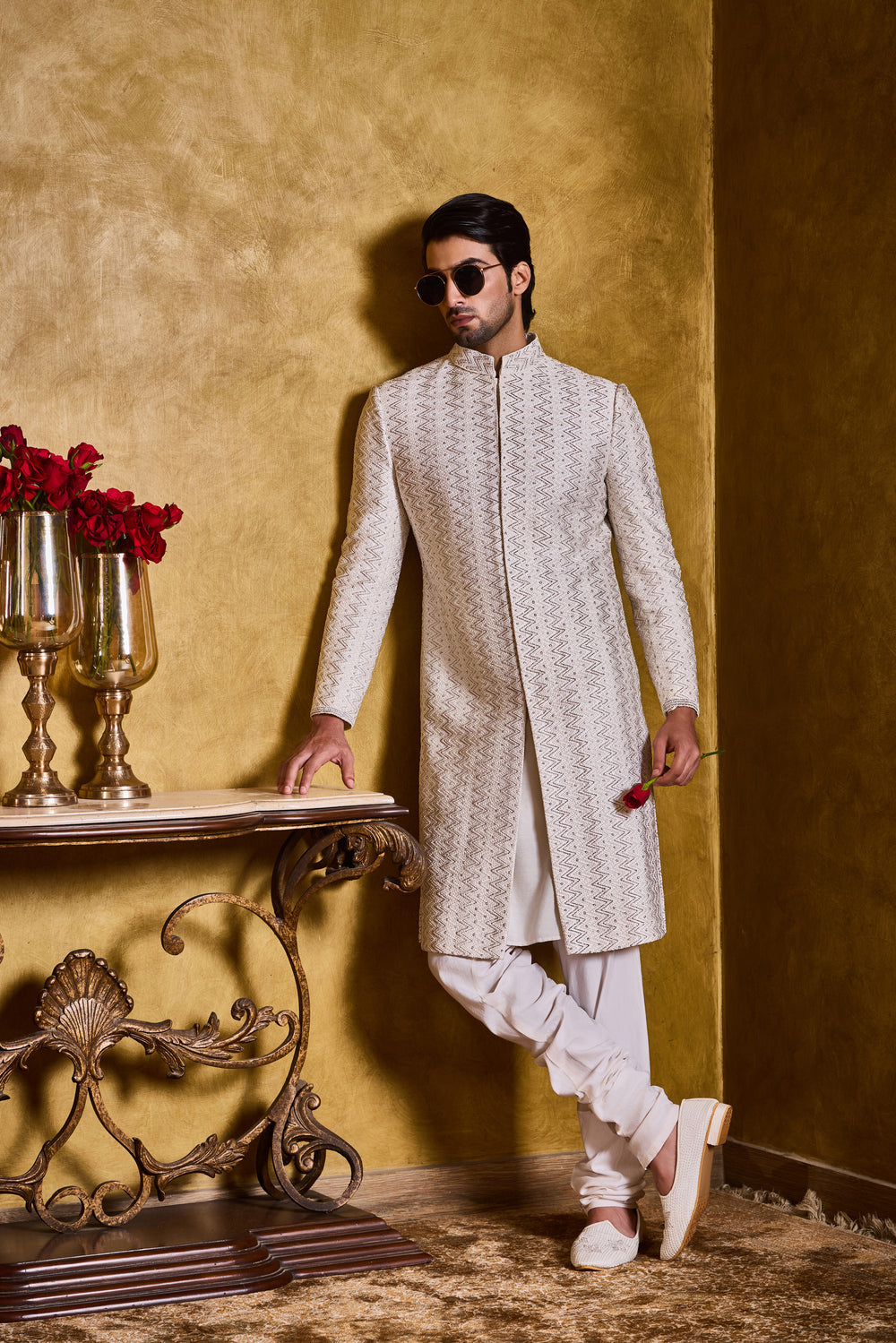 Ivory Sherwani Zig Zag Pattern Silver Work Set