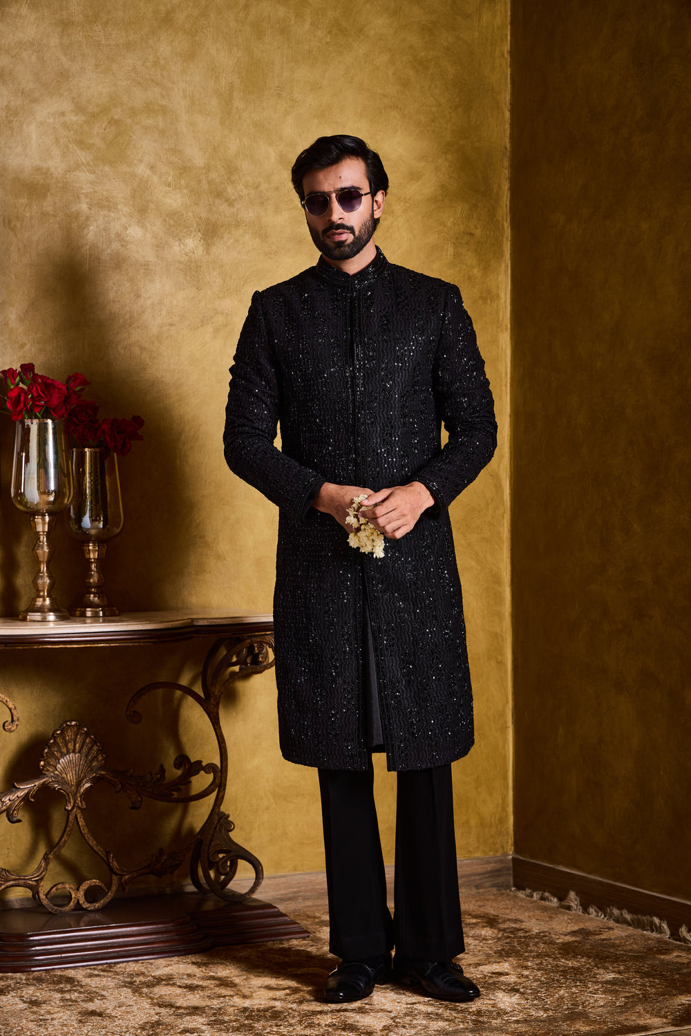 Black Embroidered Sherwani With Kurta And Pant Set