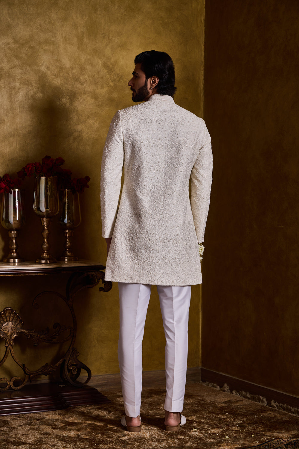 Ivory Raw Silk Sherwani Short Self Embroidery Set