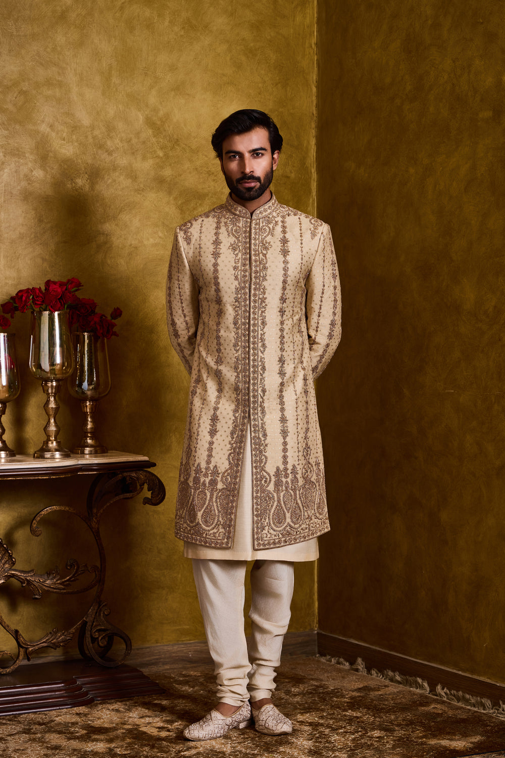 Beige Monga Booti Sherwani Set