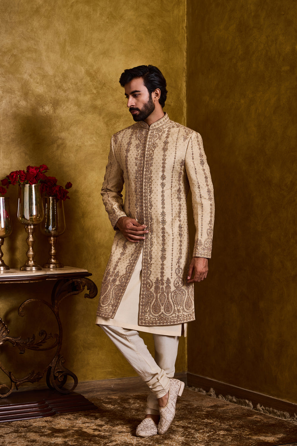 Beige Monga Booti Sherwani Set