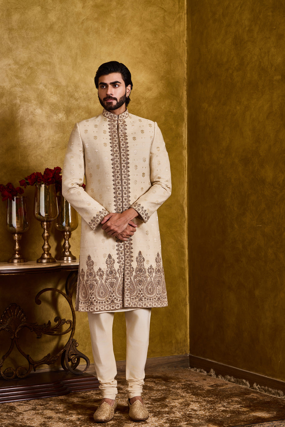 Beige Woven Monga Booti Sherwani Set
