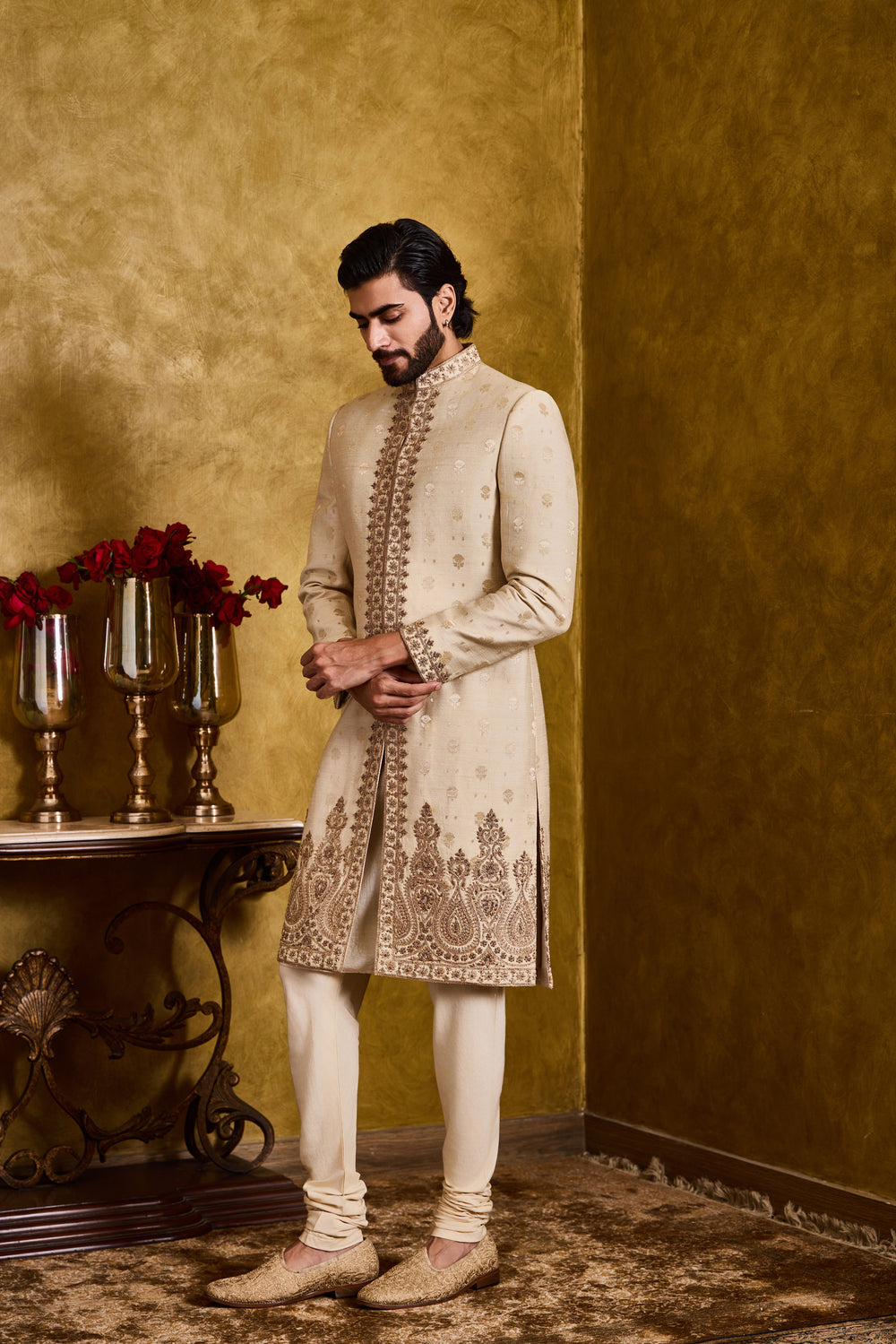 Beige Woven Monga Booti Sherwani Set